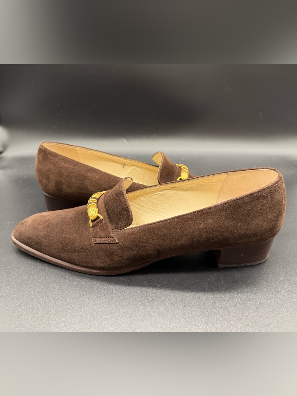 Vintage Bally Brown Suede Loafers 7 E Gold Horsebit Block Heel Made Switzerland